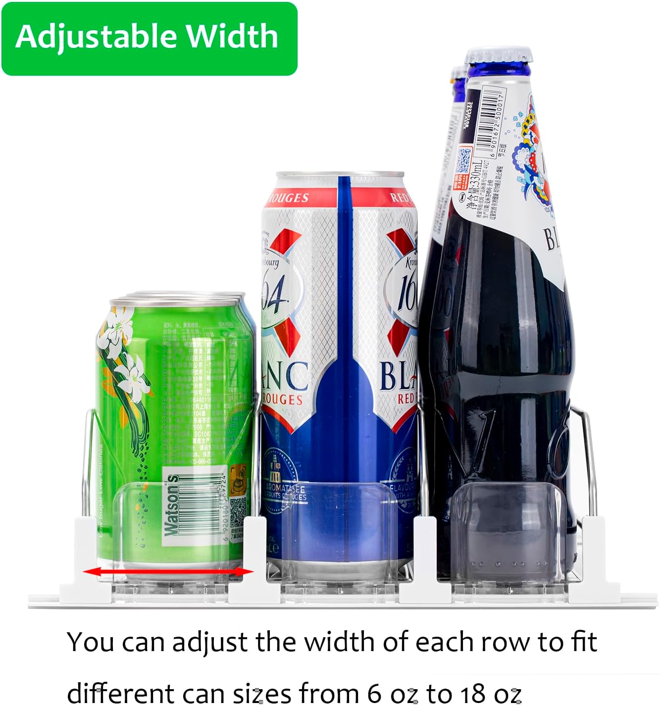 Rula Drink Organizer for Fridge, Self-Pushing Soda Can Dispenser for Mini Refrigerator, Width Adjustable Water Bottle Pusher Glide, White, 3 Rows,12.2” D