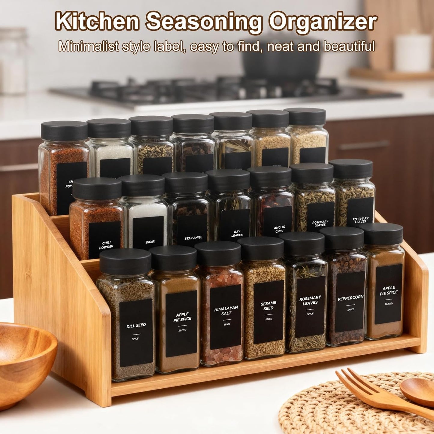 24Pcs Spice Jars Containers with Labels，4oz Black Seasoning Bottles with Shaker Lids for Rack, Cabinet, Drawer,Empty Square Condiment Pots (24, Black)