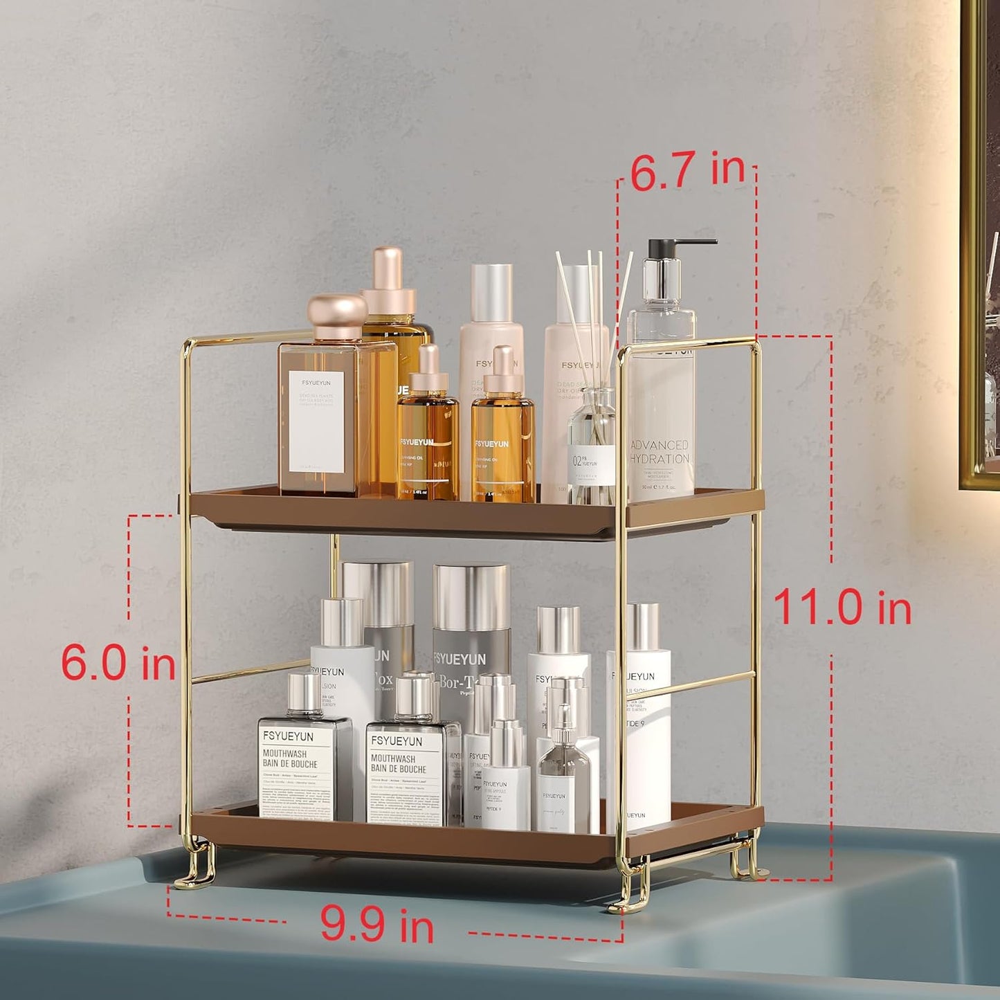 FSyueyun 2-Tier Bathroom Countertop Organizer,Bathroom Organizers and Storage with Tool-Less Installation, Premium Plastics for Makeup, Perfume, Skincare on Dresser Vanity Tray (Gold & Brown)