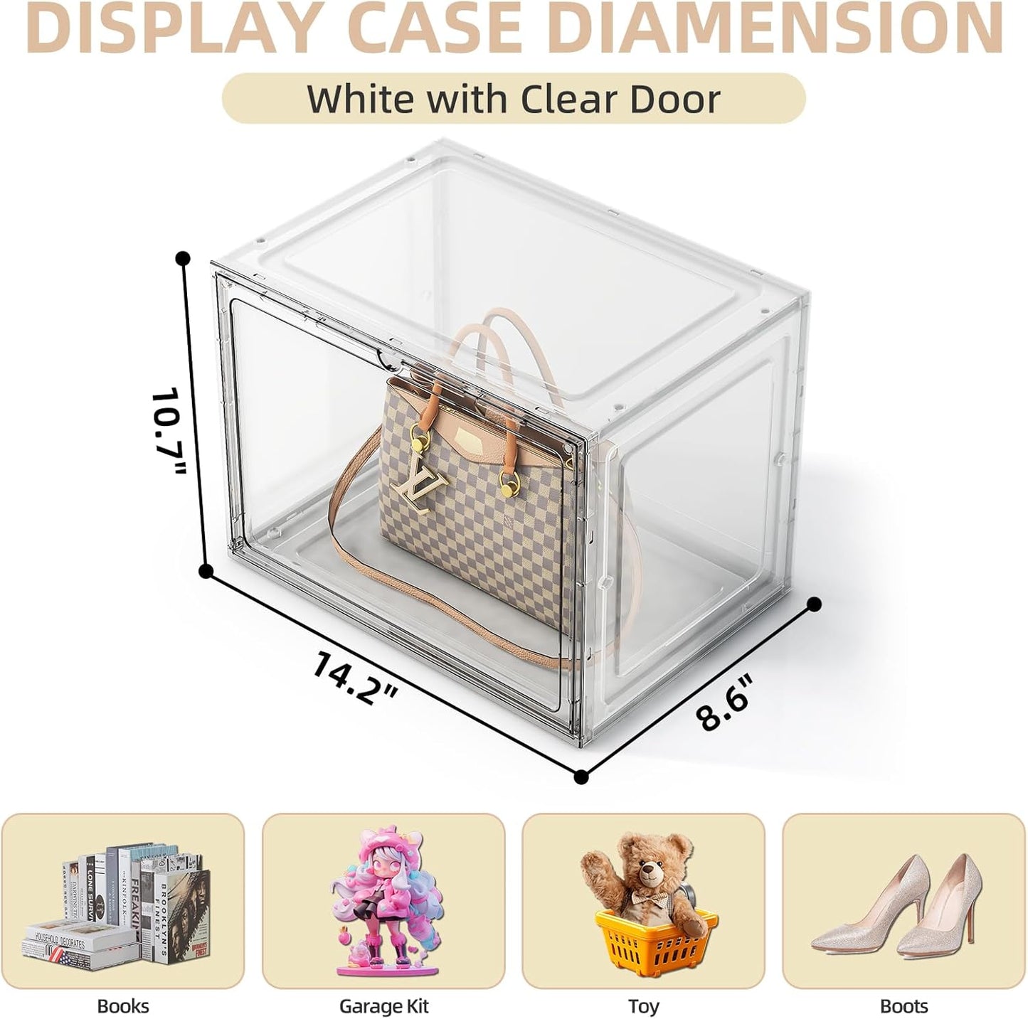 5 Pack Purse Organizer for Closet, Handbag Storage Organizer Stackable Display Case with Magnetic Door, Closet Storage Bins for Handbag, Purse, Backpack, Collectibles, White