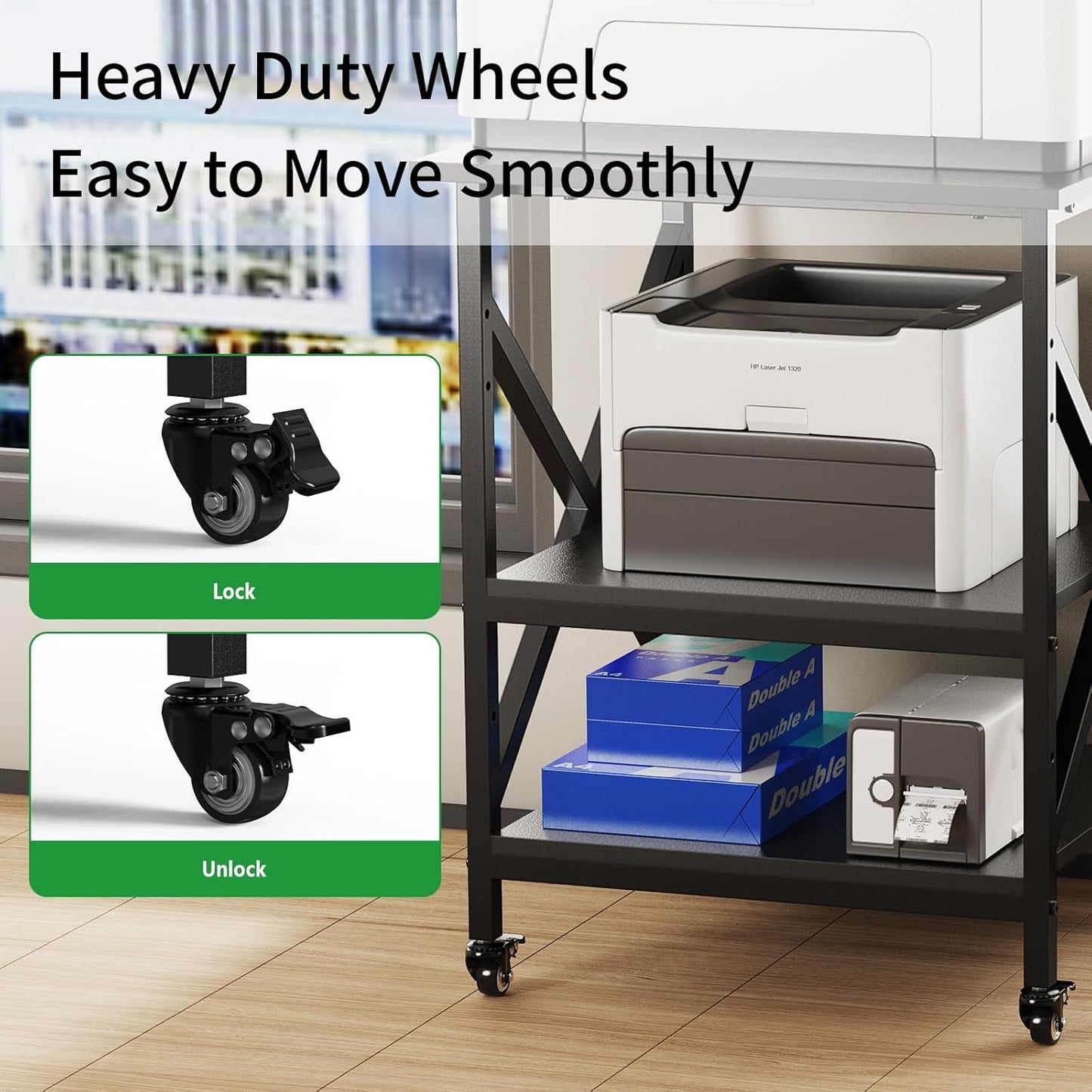 Ollieroo 3 Tier Printer Stand, Large Table with Wheels, Rolling Cart with Height Adjustable Middle Storage Shelf, 23.6 x 23.6 x 30.3 Inches Shelf for Home Office, Black