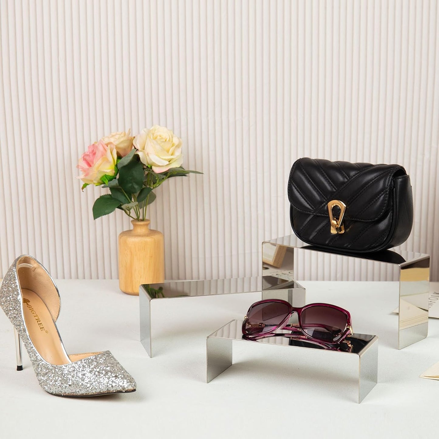 Purse Display Stand, 3 Silver Risers Display Stands Stainless Steel, Heavy Duty Countertop Shoes Stand Handbag Holder Risers for Home Boutique Retail Store Vendor Display Bags Perfume Jewelry (RCS 50% Recycled Post-consumer Metal)