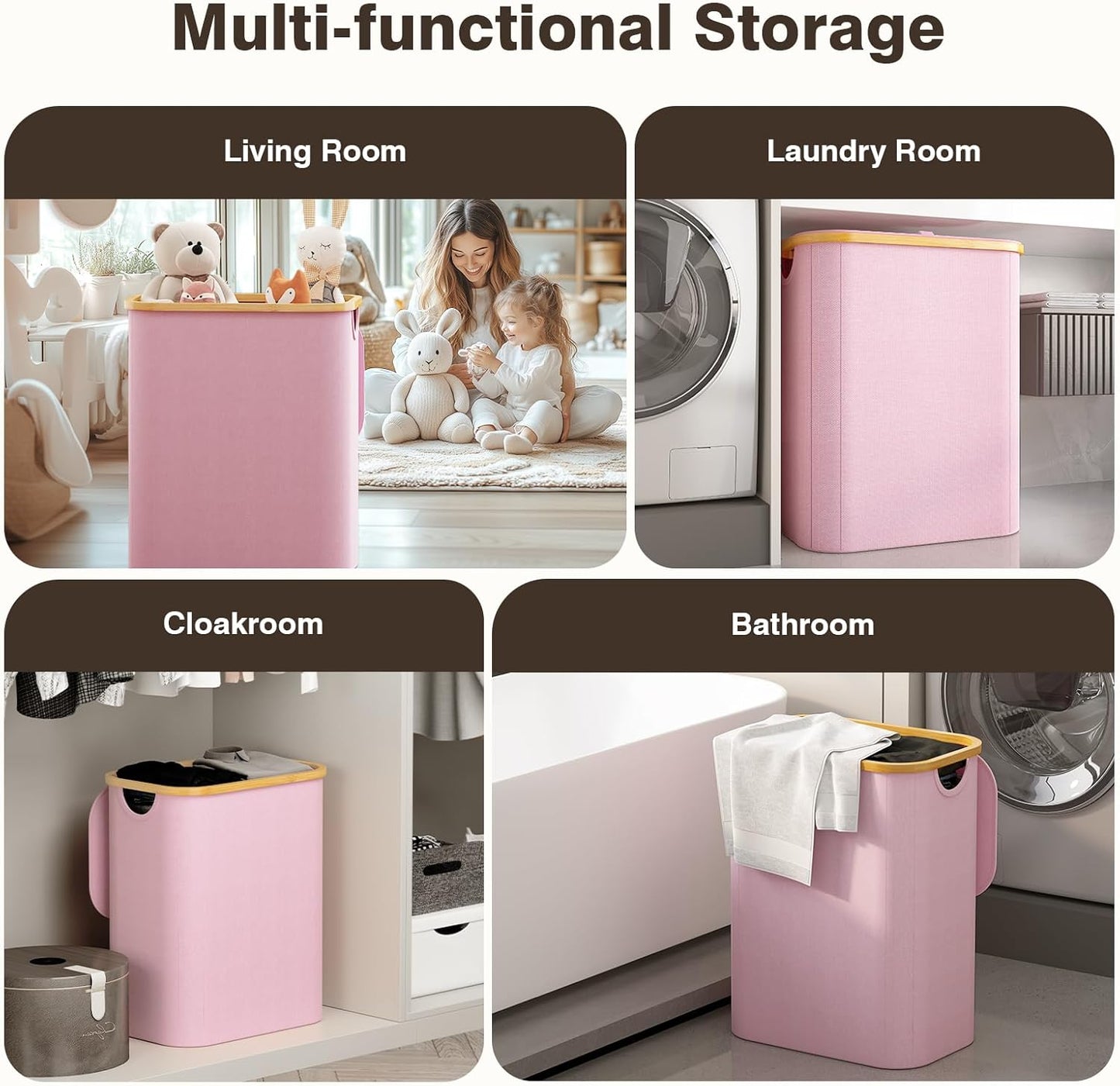 Hampers for Laundry Basket with Lid, 160L Extra Large 3 Section Clothes Divided Organizer for Bedroom, Laundry Room, Dirty Clothing Hamper, Pink