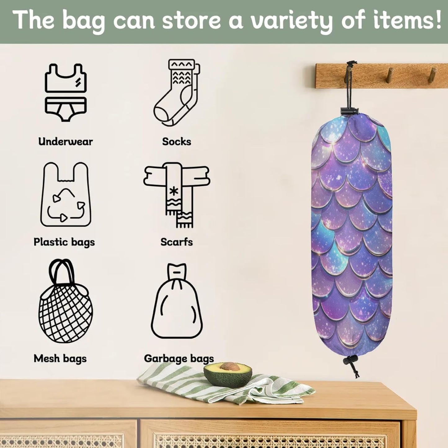 Purple Mermaid Scales Plastic Bag Holder 2 Pcs Grocery Bag Organizer Reusable Trash Bags Organizer Wall Mount Washable Kitchen Dispenser Holders with Drawstring Closure