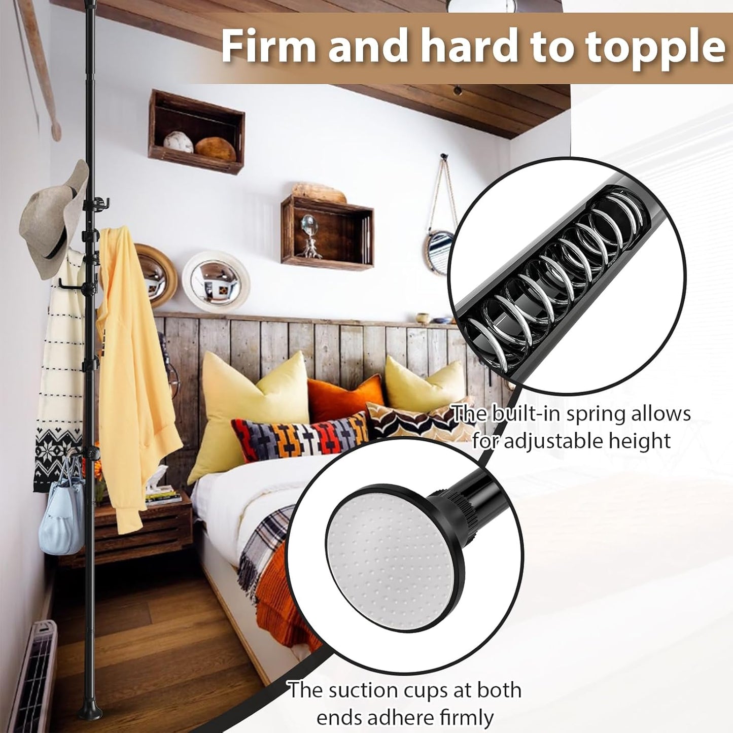 Coat Rack Freestanding, 56 to 125 inch Adjustable Tension Rod Hanger with 12 Hooks for Hanging Coat, plant,Jacket, Hat, Scarf, Suitable for Living Room, Balcony, Kitchen Black