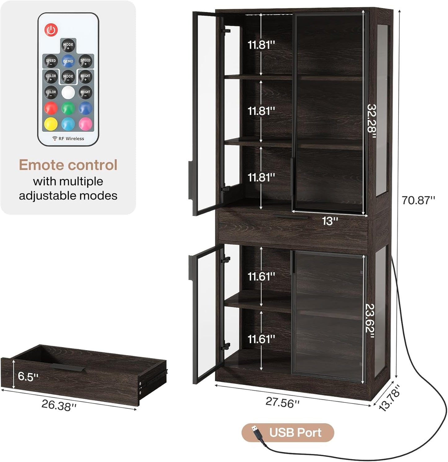 Tribesigns 71-inch Tall Display Cabinet with Doors, 5-Tier Curio Cabinet for Collectibles with LED Lights and Drawer, Display Case Bookcase with Shelves for Bedroom, Living Room, Office, Black
