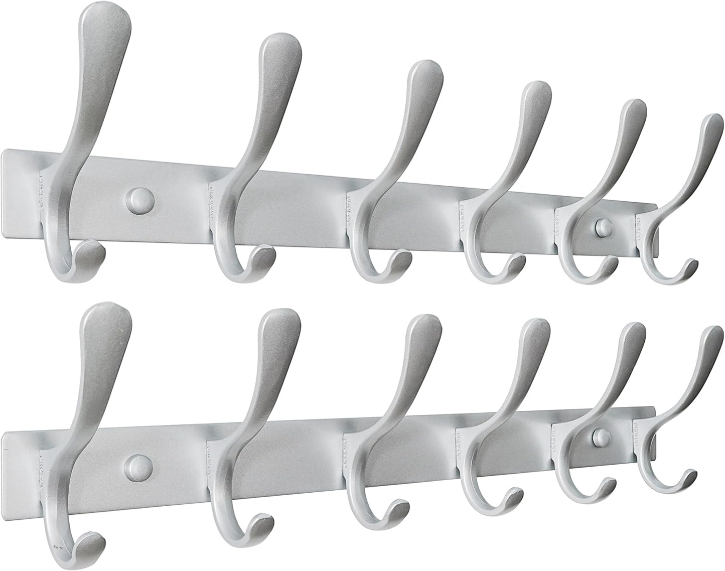 SKOLOO Coat Rack Wall Mounted - 6 Hooks, Pack of 2, Heavy Duty, Stainless Steel, Metal Wall Hanger, Sturdy Coat Hooks for Hanging Coats, Jacket, Clothes, Hat, Cold Light Silver