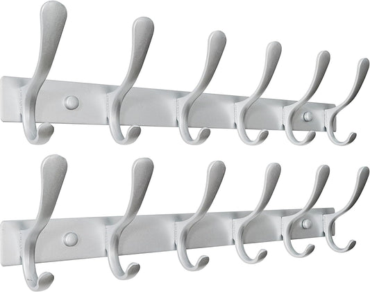 SKOLOO Coat Rack Wall Mounted - 6 Hooks, Pack of 2, Heavy Duty, Stainless Steel, Metal Wall Hanger, Sturdy Coat Hooks for Hanging Coats, Jacket, Clothes, Hat, Cold Light Silver