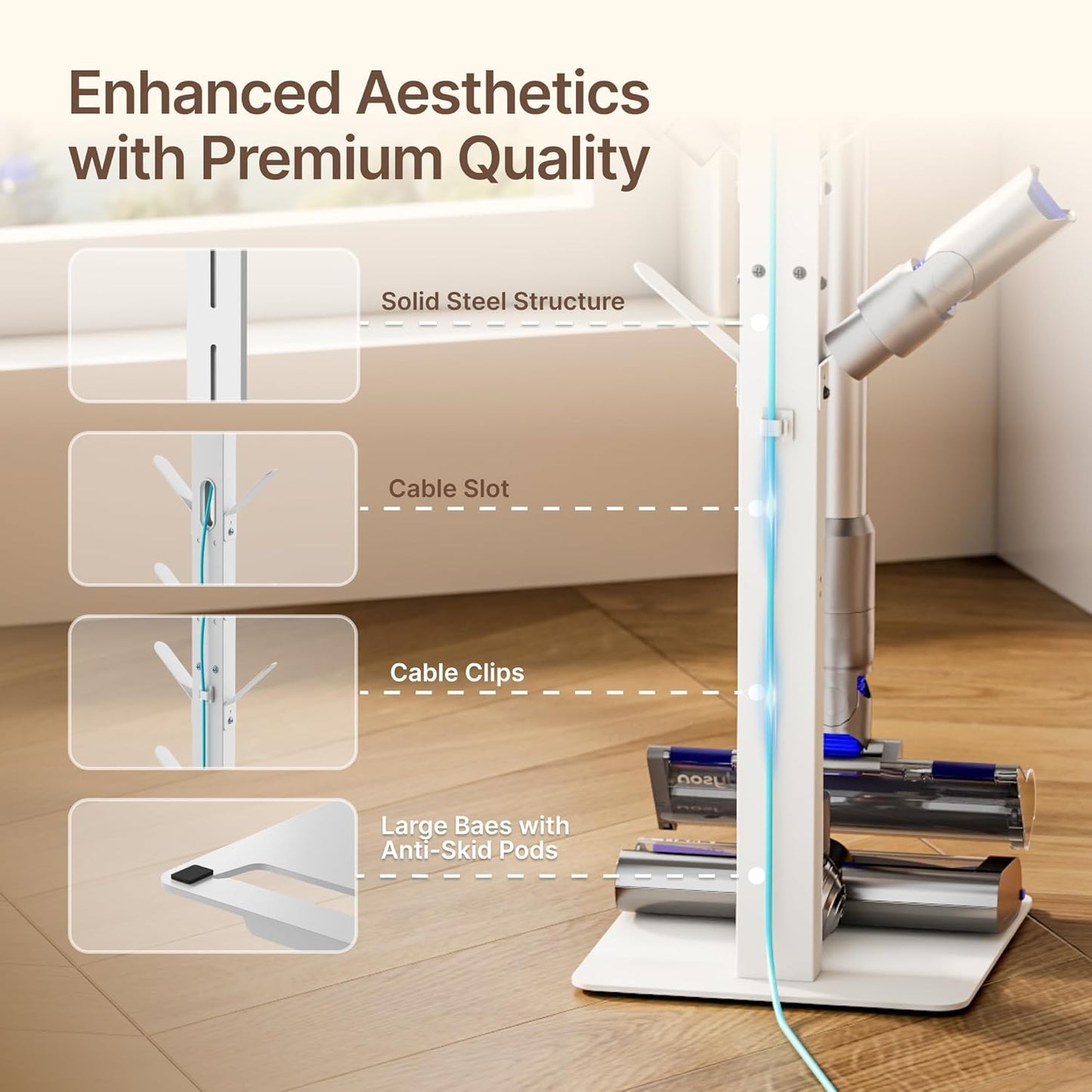 Vacuum Stand for Dyson Gen5 V15 V12 V11 V10 V8 V7 V6, Tineco S11 A10 A11, Eureka NEC180 280TL, Cordless Vacuum Cleaner Holder with 8 Storage Hooks, Accessories & Attachments Organizer, White
