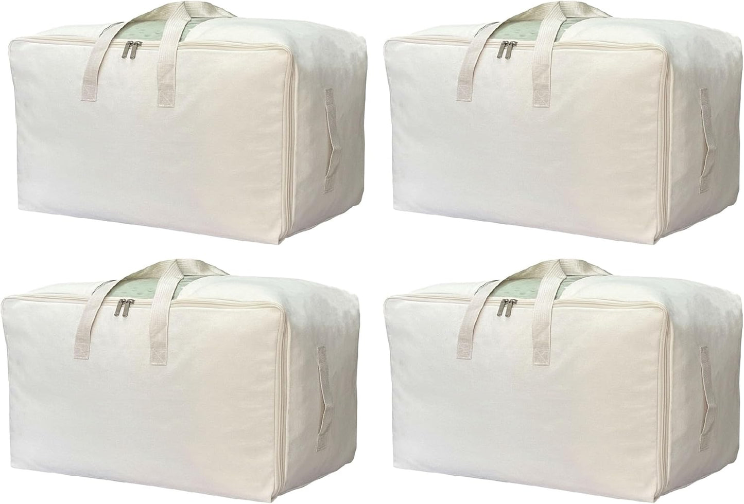 Soft Canvas Storage Bag with Zipper and Clear Window, Cotton Linen Organizer Storage for Pillow, Sweater, and Bedding, 55L, 4 Pack, Beige