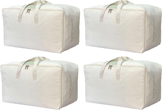 Soft Canvas Storage Bag with Zipper and Clear Window, Cotton Linen Organizer Storage for Pillow, Sweater, and Bedding, 55L, 4 Pack, Beige