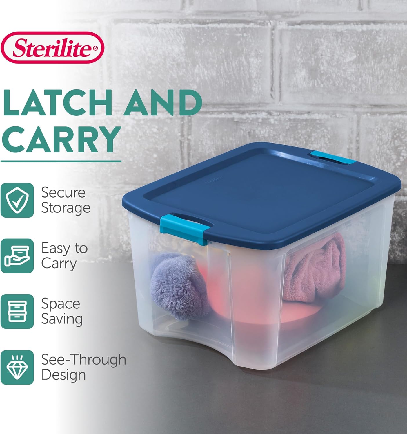 Sterilite 18 Gal Latch and Carry, Stackable Storage Bin with Latching Lid, Plastic Container to Organize Closets, Clear with Blue Lid, 18-Pack