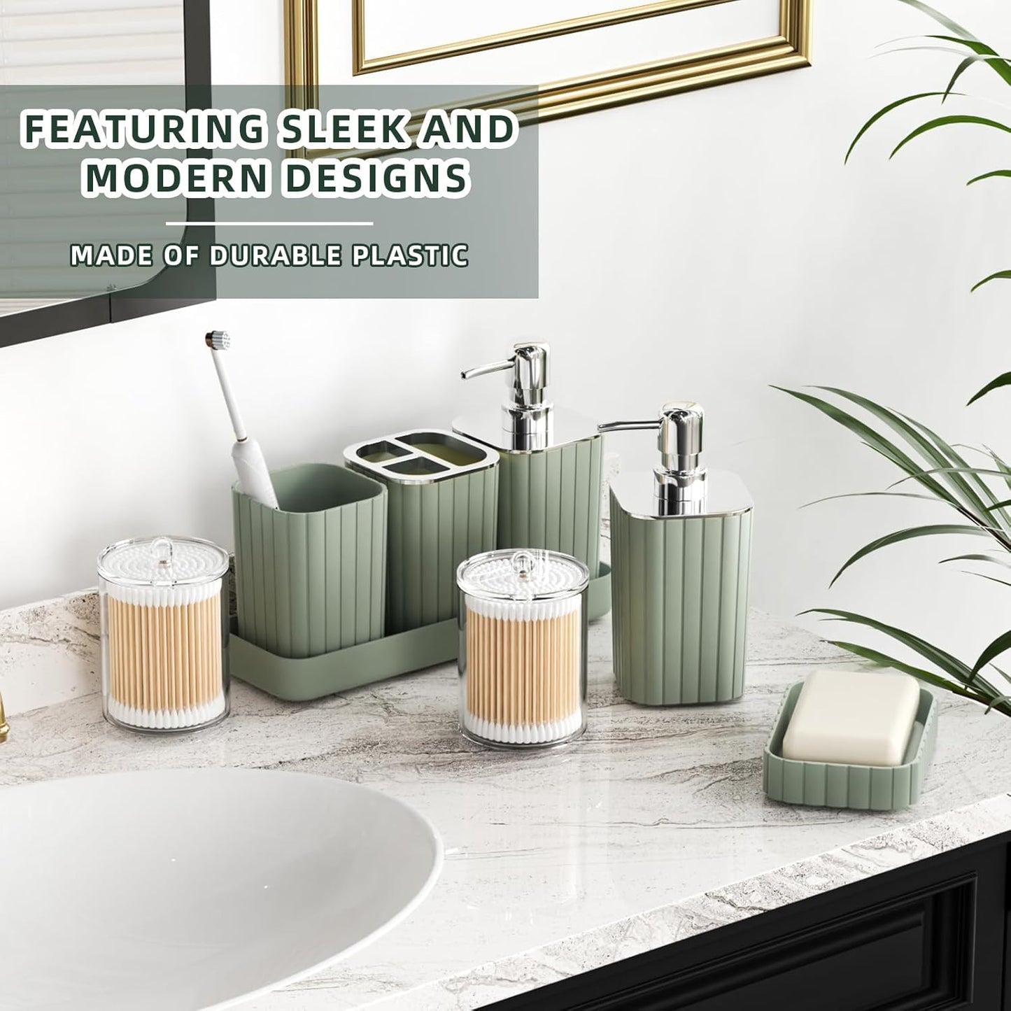 Bathroom Accessories Set - 25PC Sage Bathroom Set, Bathroom Set with Shower Curtain and Rugs, Sage Green Shower Curtain Set, Bathroom Accessory Set, Trash Can & Soap Dispenser