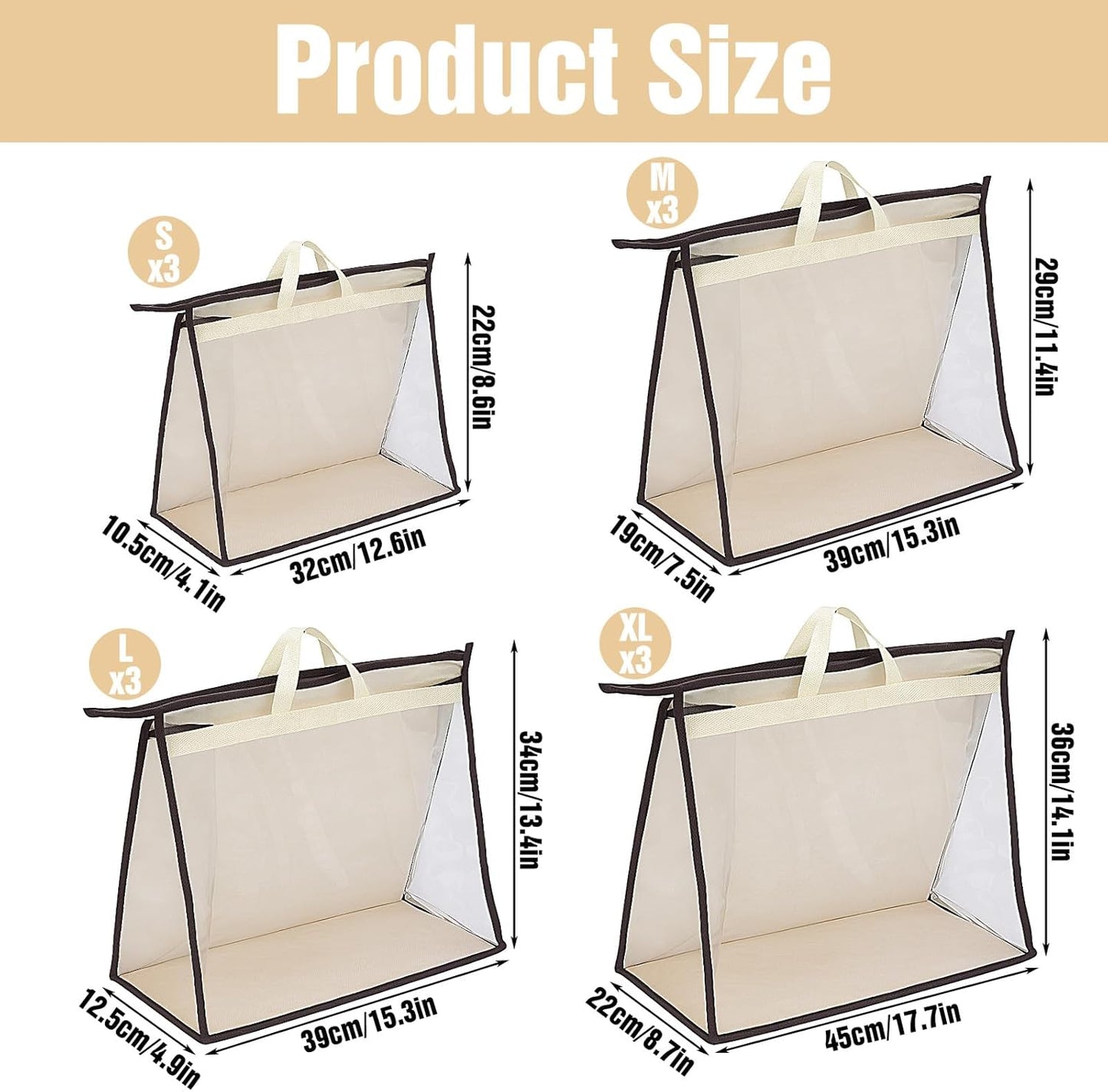 12 Pack Beige Handbag Purse Storage Organizer for Closet, 4 Sizes Clear Hanging Dust Bags Cover with Zipper and Handle, Closet Purse Protector Bags