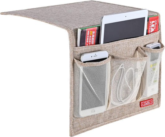 Linen 4 Pockets Bedside Caddy, Bedside Storage Organizer for Magazine, Remotes, Phone (Beige, Classic 4 Pockets)