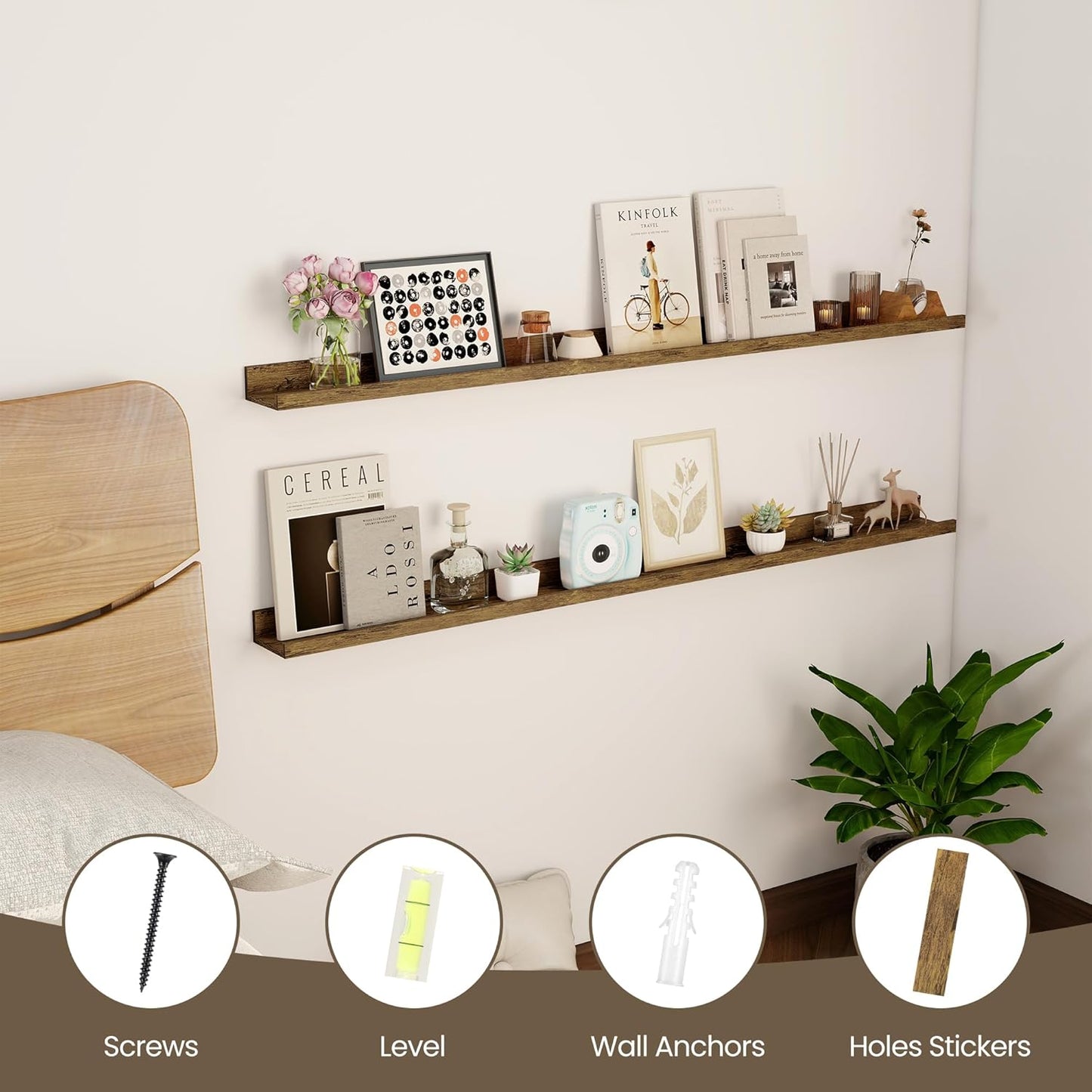 Axeman 48 Inch Floating Shelves for Wall | Picture Ledge Shelf Set of 2 | Rustic Brown Picture Shelf for Wall with Ledge | Floating Shelves with Lip | Photo Ledge Shelves for Books Album Records