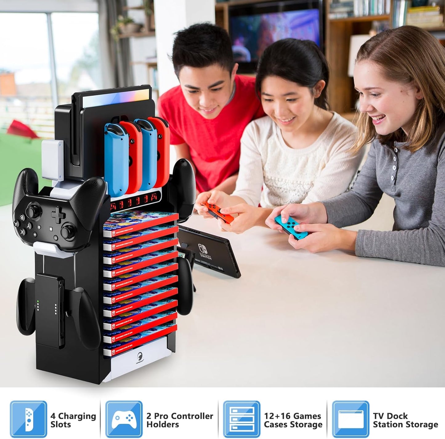 Switch Organizer Station with Controller Charger, Multifunctional Storage Stand for Nintendo Switch Dock with Controller Holder, Joy con Charging Dock and OLED Console