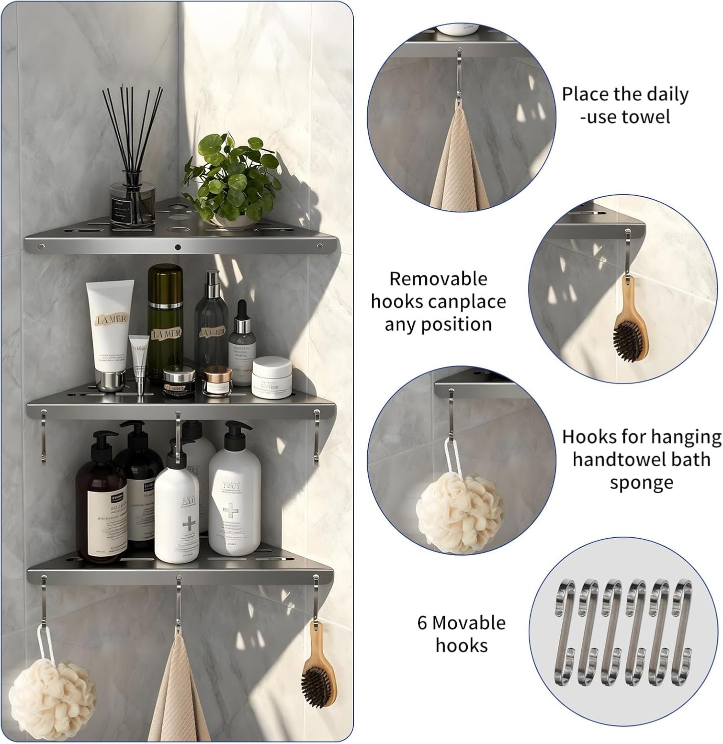 Shower Corner Shelf 304 Stainless Steel Shower Caddy 3 Tier Shower Organizer Niche Extra 6 Hangers Shelves 40 lbs Large Capacity Bathroom Storage for Inside Anti-Rust Drilling Installation(Silver)