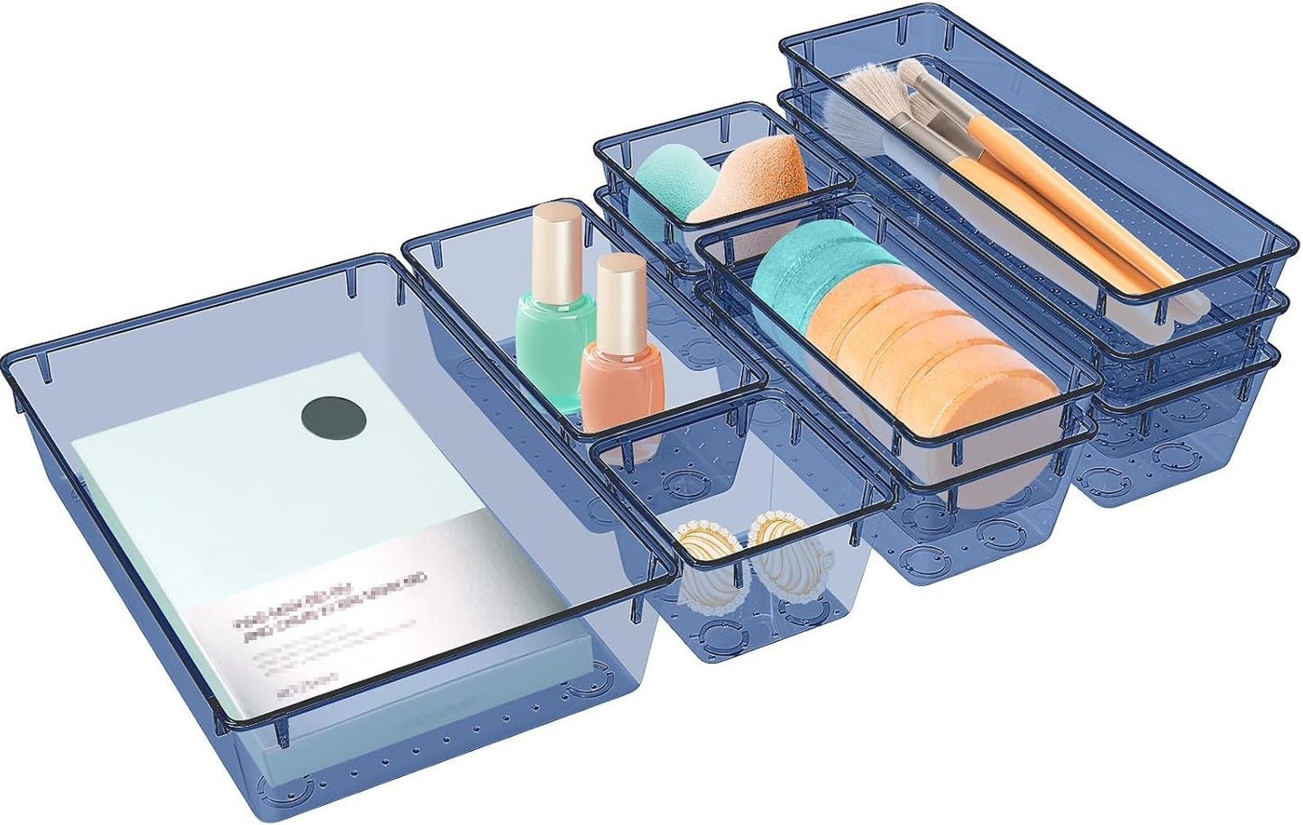 10 PCS Drawer Organizer Set, 5 Varied Size Bathroom and kitchen Drawer cabinet organizer Trays, Clear Storage Bins for Makeup, Jewelry, Utensils and Gadgets, Dark Blue