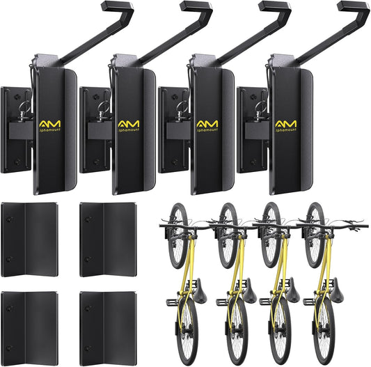 Alphamount AM Swivel Bike Wall Mount, Metal Wall Bike Rack with Durable Sleeves, Space-Saving Vertical Bike Rack with 180° Swivel for Home and Garage, Bike Wall Mount Up to 66 lbs, 4-Pack