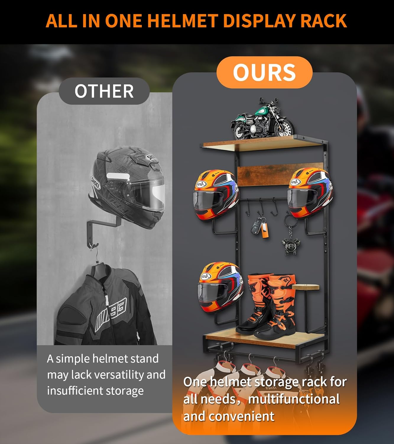 Motorcycle Helmet Rack Wall Mount, Retro Rust Helmet Holder with Wood Floating Shelf and Hooks for Storage