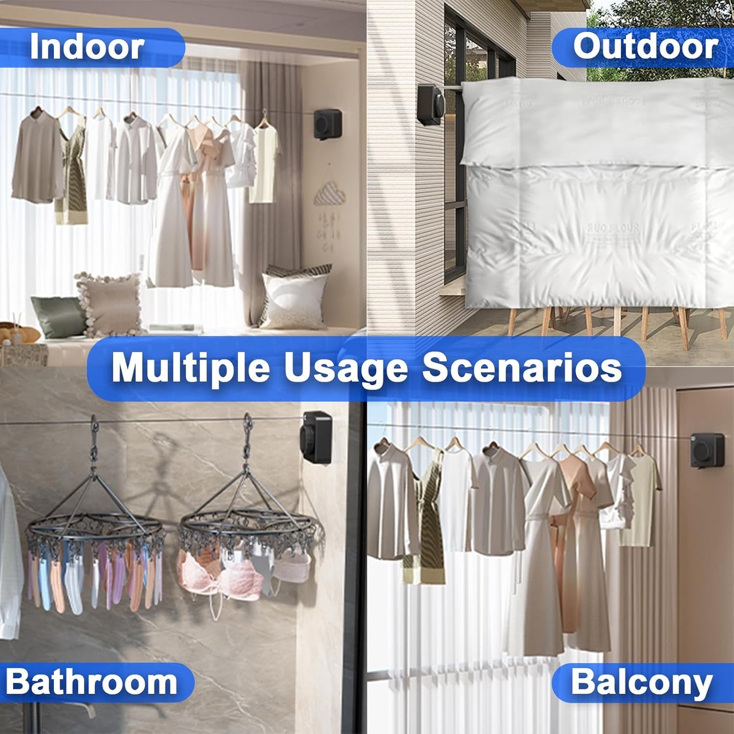 Retractable Clothesline Indoor & Outdoor, 15.6 Ft Non-Sagging Stainless Steel Laundry Line with Wall Mounted Heavy Duty Design, Space-Saving Drying Rack for Bathroom, Balcony(Square Black)