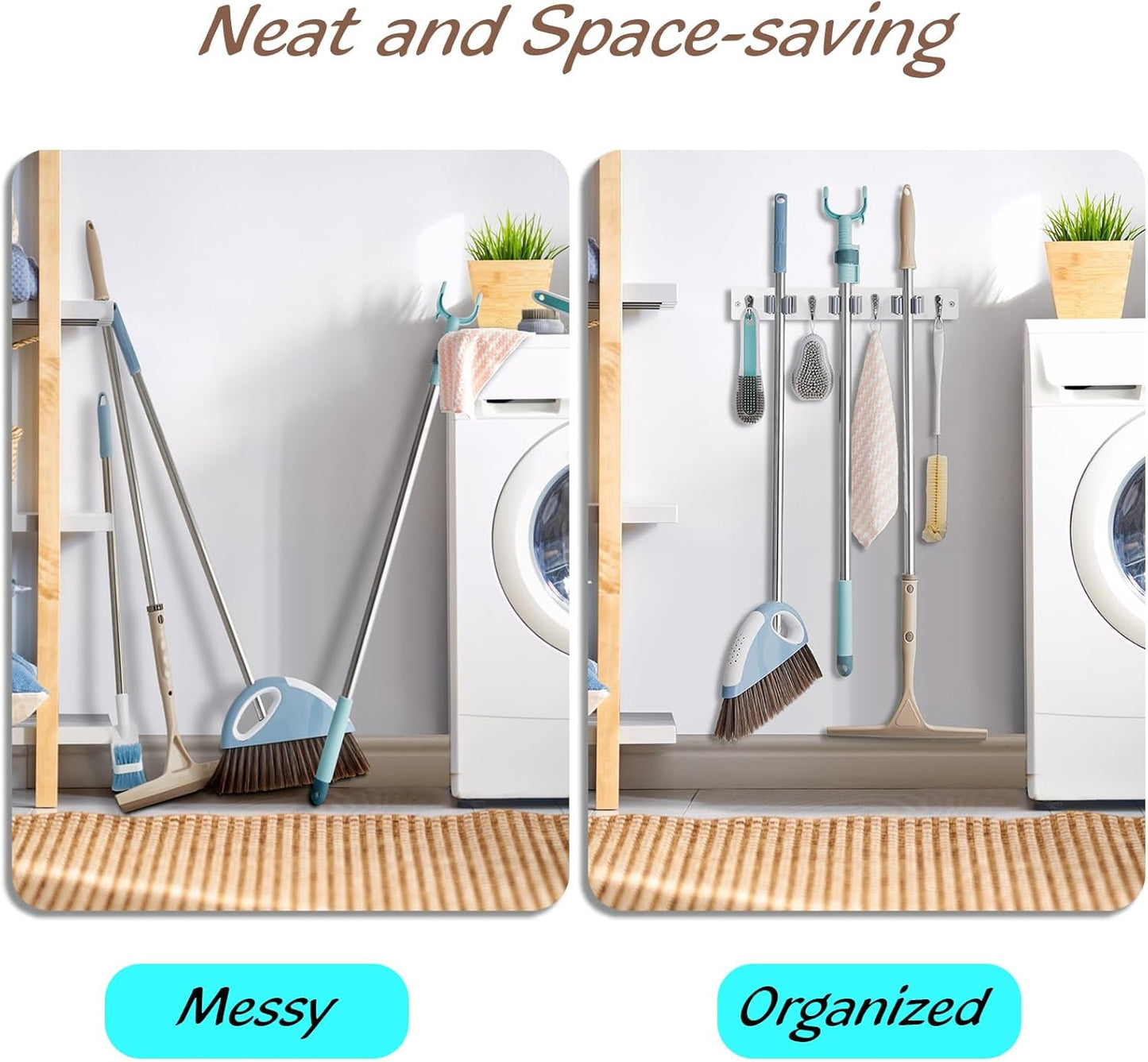 White Mop Broom Holder Wall Mount with 3 Slots & 4 Hooks - Wood Broom Mop Hanger for Pantry Kitchen Organization - Garden Tool Organizer for Closet Laundry Room