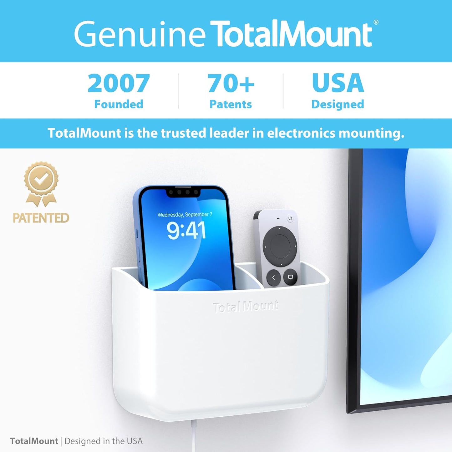 TotalMount Hole-Free Remote Holder – Eliminates Need to Drill Holes in Your Wall (Premium White Holder for 2 or 3 Remotes)