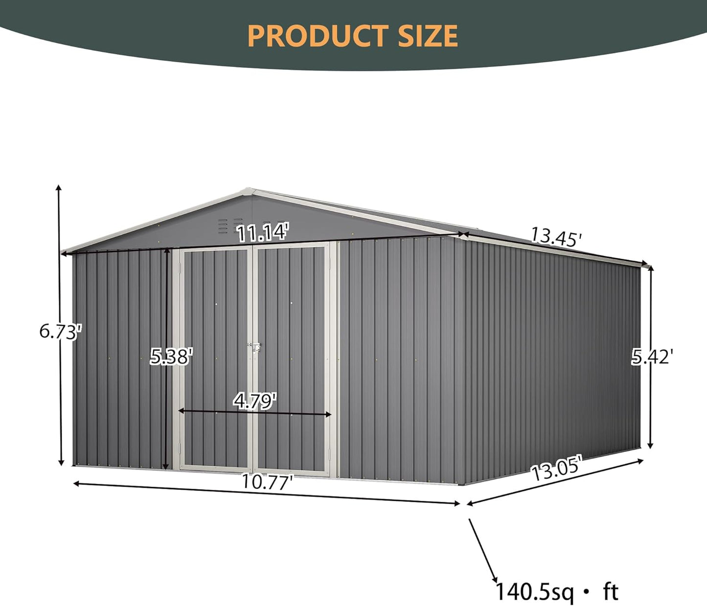 11x13 FT Outdoor Metal Storage Shed with Floor Frame, 140.5 sq.ft Heavy-Duty Garden Tool Shed with Double Doors, Waterproof Roof, All-Weather Steel Utility Shed for Backyard, Lawn, Patio