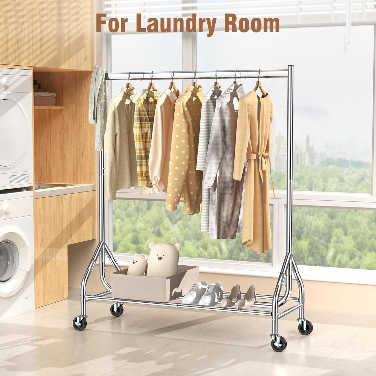 EAGMAK Heavy Duty Clothes Rack Load 420 LBS, 47.2" Long Rolling Garment Rack with Lockable Wheels, Standing Metal Clothing Hanger, Portable Wardrobe Sturdy Coat Organizer for Hanging Clothes (Silver)