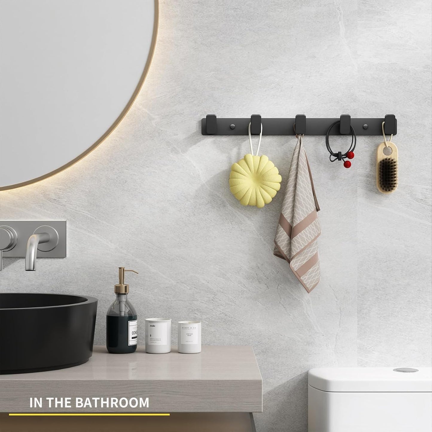 Black Coat Rack Wall Hooks for Hanging Heavy Duty Door Hooks with 5 Hooks Key Holder for Wall Hat Rack for Entrance Coat Hook
