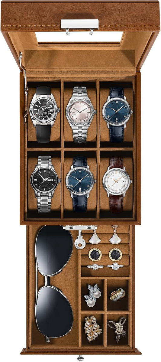 Uten 6-Slot Watch Box, 2-Layers PU Leather Watch Case with Glass Lid, Watch Holder Organizer with Soft Pillow and Velvet Lining, Watch and Jewelry Storage Box, Brown