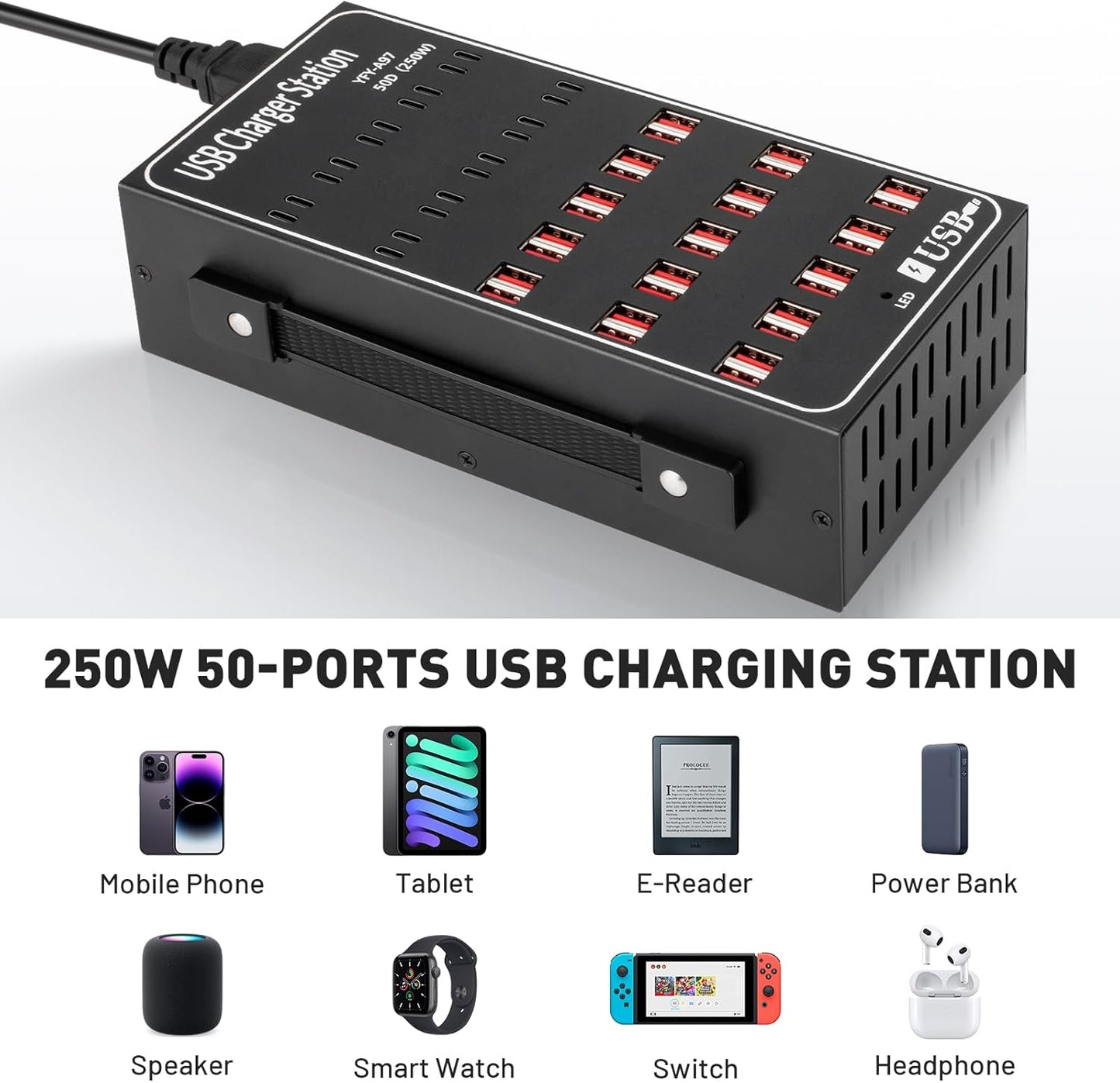 250W Charging Station for Multiple Devices, (20 USB C+30 USB A), Stations for MacBook, iPhone, Android Cell Phone, iPad, Tablet, Family Multi-Device Organizer Charging Dock (Black)