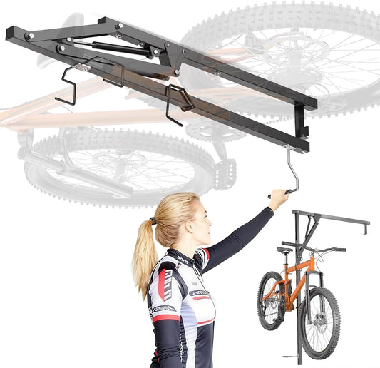 Vanesa Hydraulic Bike Ceiling Mount for Garage - Heavy Duty Pull Down Bike Hanger, Folding Overhead Bike Storage Hoist Holds Up to 66 lbs, Space Saving Bicycle Mount for Garage/Indoor