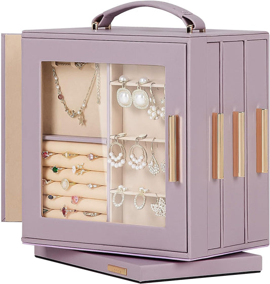 Homde Christmas Gifts Jewelry Box 360° Rotating, Necklace Earring Organizer with Transparent Window, Mirror, 7 Drawers, Large Ring Display Storage Case for Girls Women (Grey Purple)