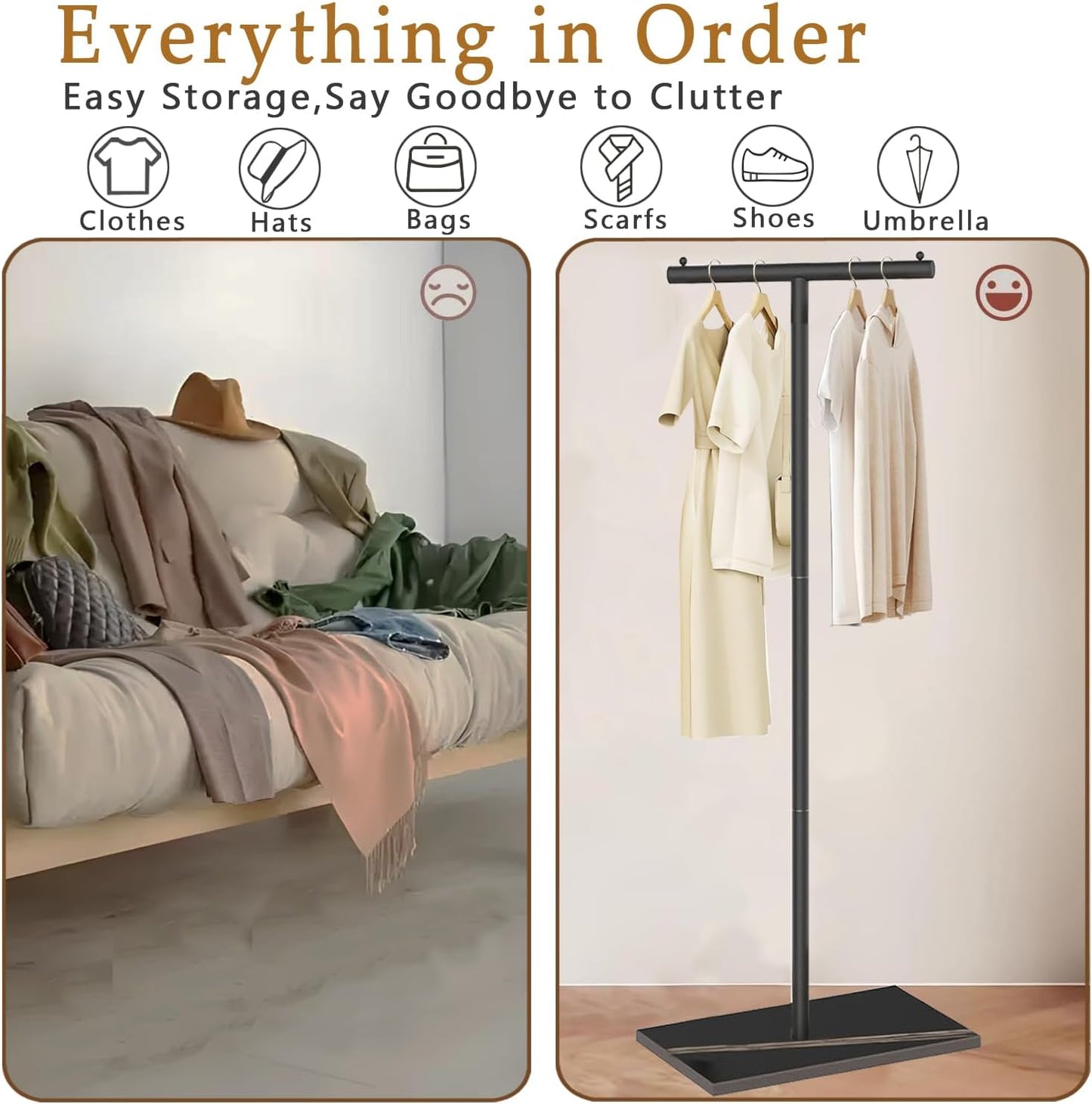 T-Shaped Metal Rack Stand,Modern Clothes Rack With Rock Slab Base,60.3Inch Freestanding Clothing Rack Stand,Suitable For Boutiques, Entryway, Bedroom, Living Room, Hallway,（ 60.3 Black）