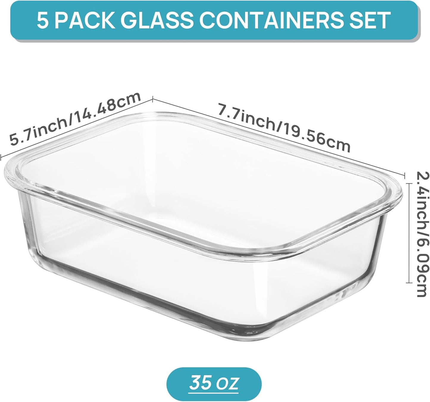 Vtopmart 5 Pack 35oz Glass Food Storage Containers with Lids, Meal Prep Containers, Airtight Reusable Lunch Container Set, Safe for Oven, Microwave, Freezer, and Dishwasher, Green