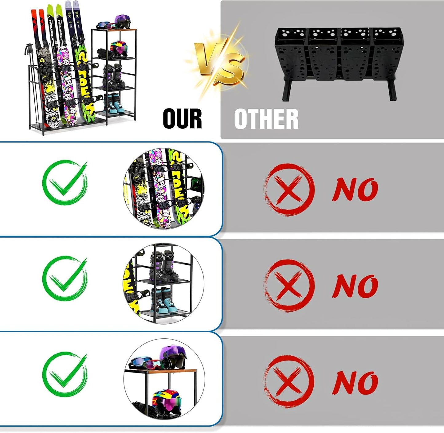 Ski-Snowboard Storage Rack Holder - Freestanding Ski Equipment Organizer Snowboard Boot Stand Garage Gear Storage