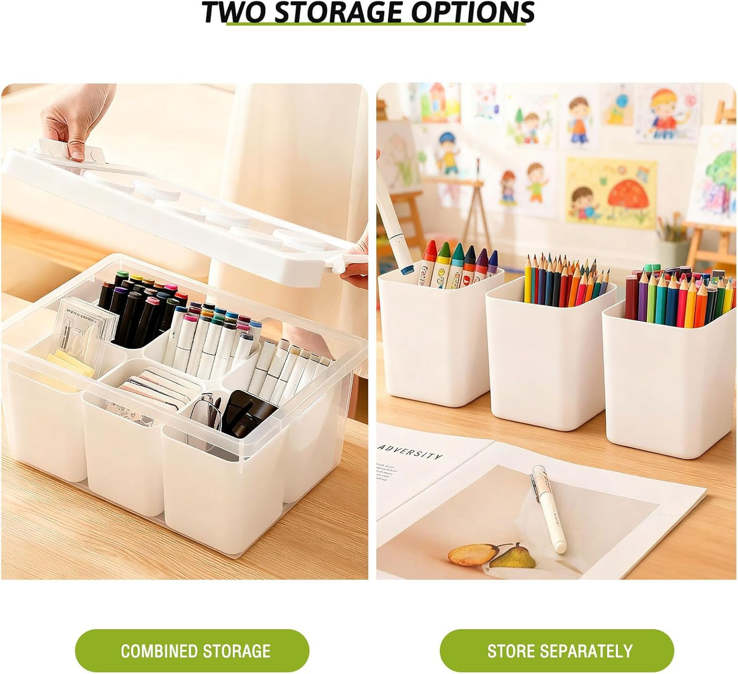 loobuu Plastic Storage Bins with Lids, Art Craft Supply Organizer Box with Brush Pot, Multipurpose Stackable Storage Containers for Organizing Tool, Craft, Crayon,Sewing(White)