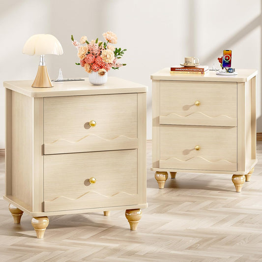 Cyclysio Nightstand Set of 2 with Charging Station, Side End Table with 2 Drawers, Modern Wood Night Stand Set 2 with Scalloped Pattern for Bedroom, Bedside Night Tables with Solid Wood Gourd Legs