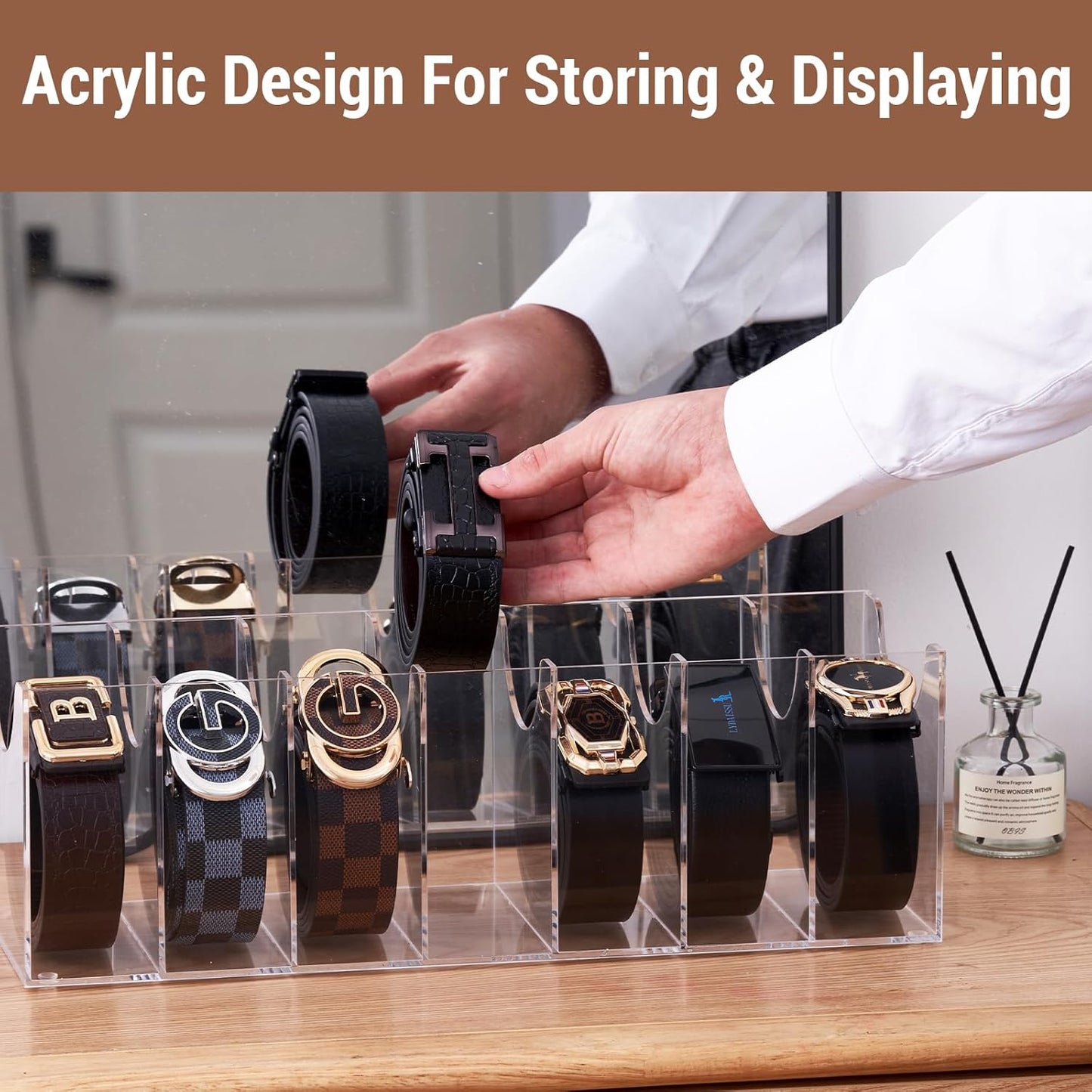 Acrylic Belt Organizer for Closet - 7 Compartments Transparent Storage Holder | Display Case for Makeup, Jewelry, Watches, Bow Tie, & Bracelets | Multipurpose Clear Containers & Versatile Design