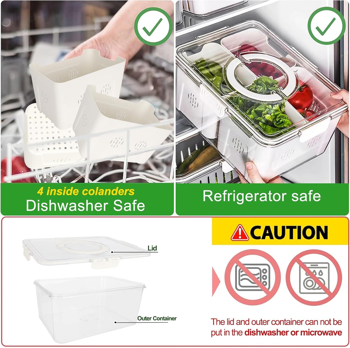 shopwithgreen Fruit Storage Containers for Fridge with Lid and Handle, Portable Fresh Produce Saver, Food Box Container with 4 Removable Colanders for Berry, Vegetable, Refrigerator Organizer Bins