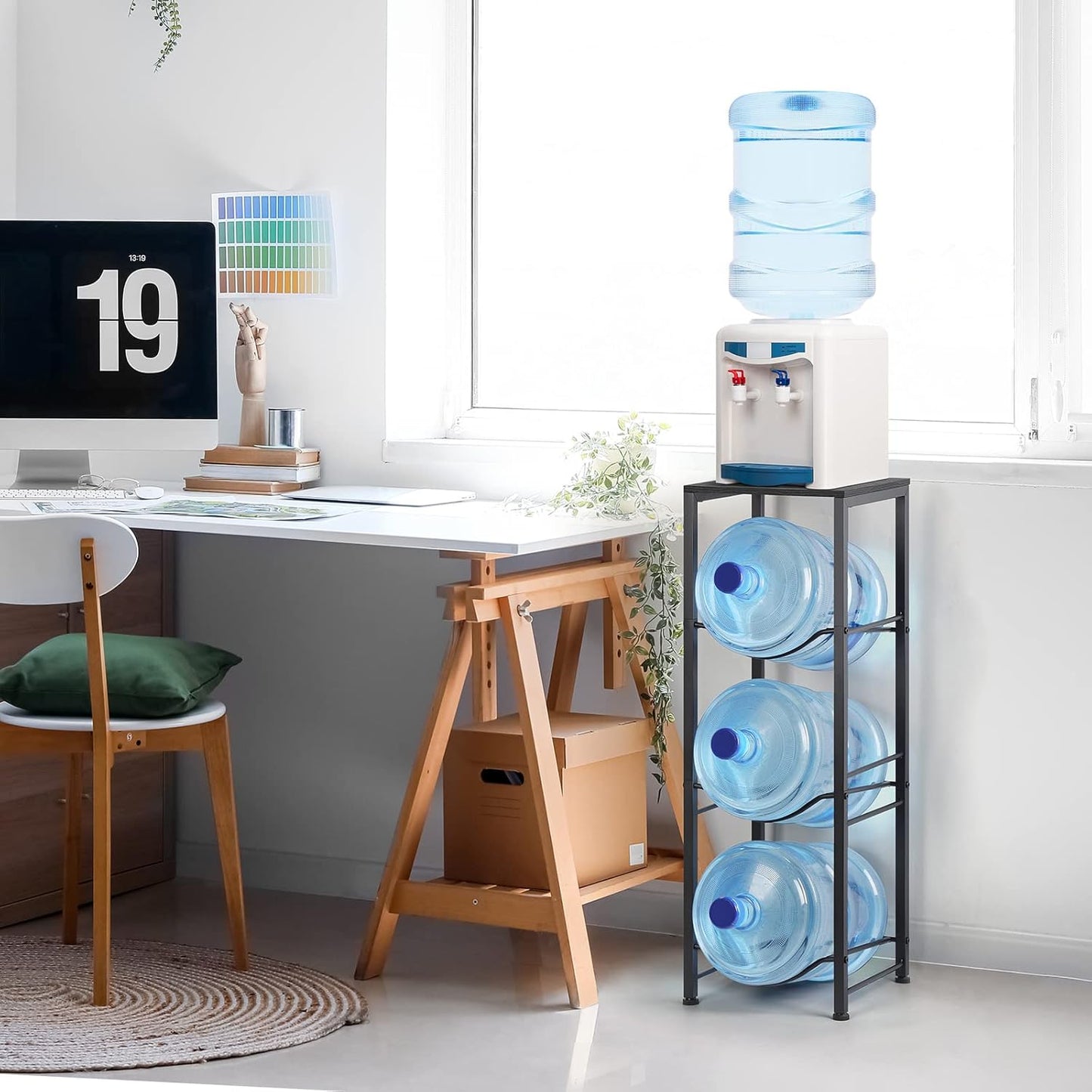 OYEAL Water Bottle Holder Organizer 5 Gallon Water Jug Stand with Shelves, 3-Tier Water Bottle Dispenser Stand for Kitchen Living Room Office, Black