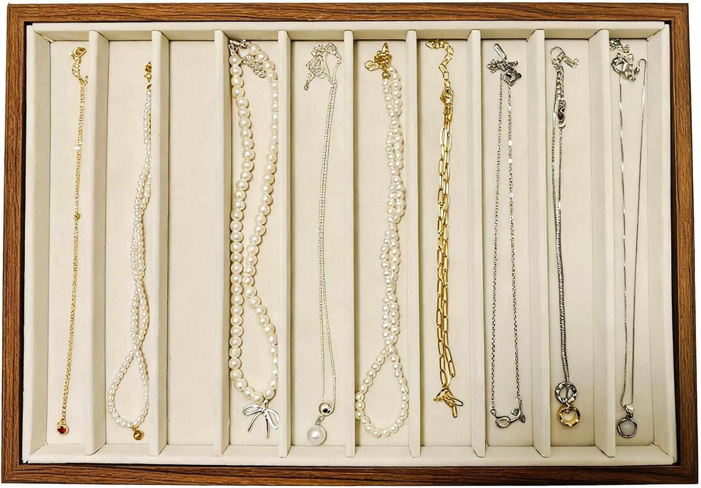 Large Jewelry Trays for Drawers Stackable Velvet Jewelry Display for Vendors Jewelry Drawer Organizer Inserts for Rings Necklace Bracelets Earrings and Studs Earrings (Beige, 10 Grid)