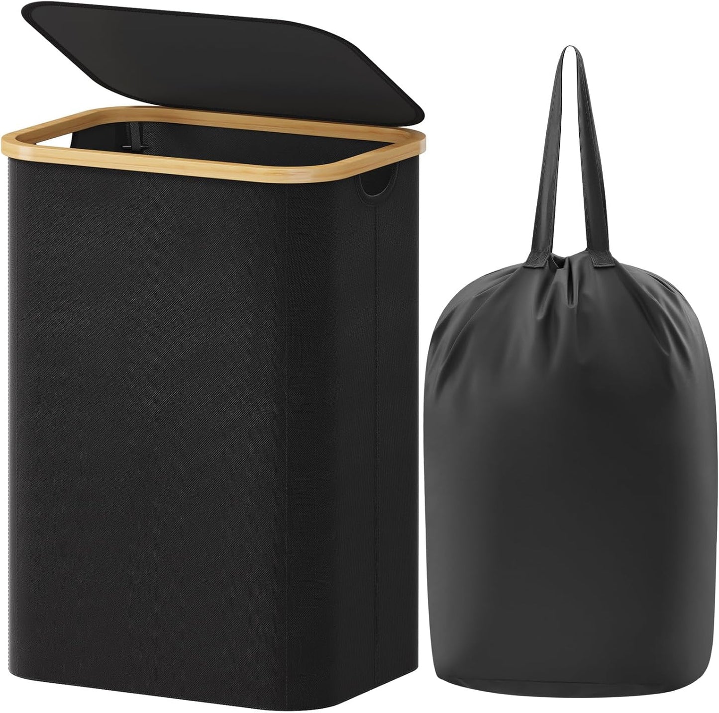 Lifewit 80L Laundry Basket with Lid, Clothes Hampers with Bamboo Handles and A Removable Laundry Bag, Large Foldable Hamper for Bedroom, Bathroom, Dorm, LaundryRoom, Black