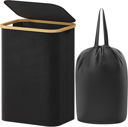 Lifewit 80L Laundry Basket with Lid, Clothes Hampers with Bamboo Handles and A Removable Laundry Bag, Large Foldable Hamper for Bedroom, Bathroom, Dorm, LaundryRoom, Black
