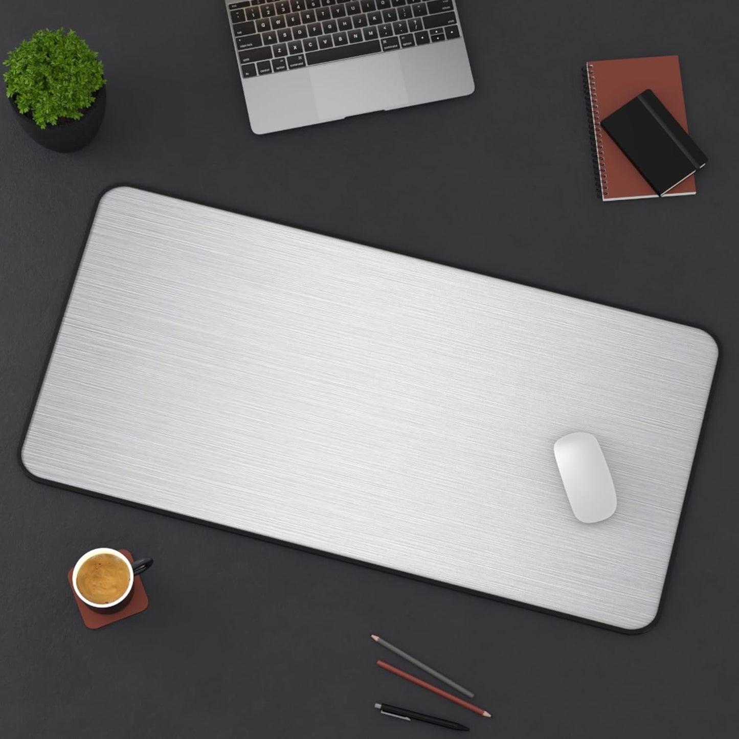 Brushed Metal Texture Desk Mat - Extended Mouse Pad & Desk Pad, Neoprene Surface, Non-Slip Rubber Base, Stitched Edges, Desk Protector for Keyboard & Mouse (Silver, 16x32)