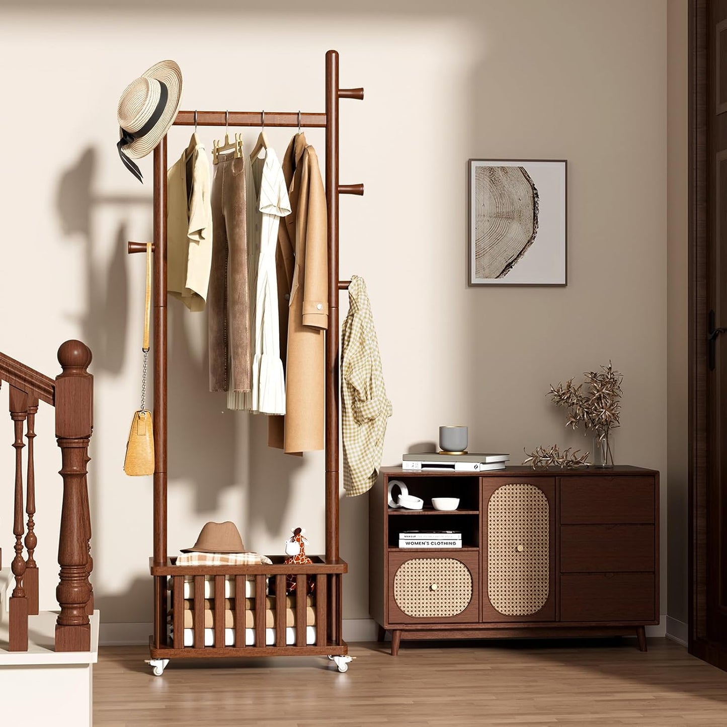 Solid Wood Coat Rack Clothes Rack, Coat Rack Freestanding with Storage Basket and 5 Hooks, Heavy Duty Coat Tree for Entryway, Living room, Coat Hanger Stand for Hats, Bags Clothes