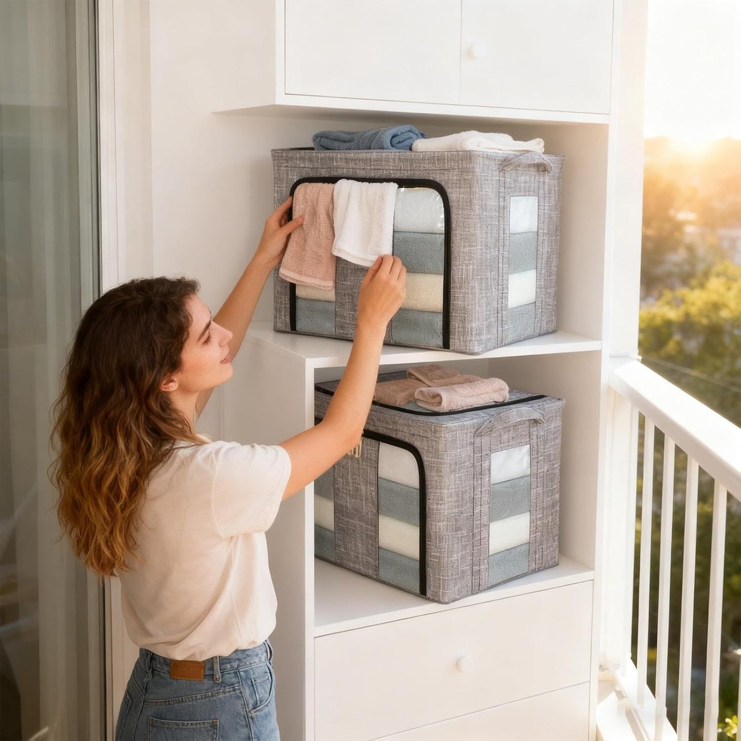 Storage Bins for Clothes - 66L with Clear Window Box - Large Clothes Storage Bins with Lids - for Bedroom Home Apartment Closet Fabric Bed Sheets Comforter Toys Garment Organization