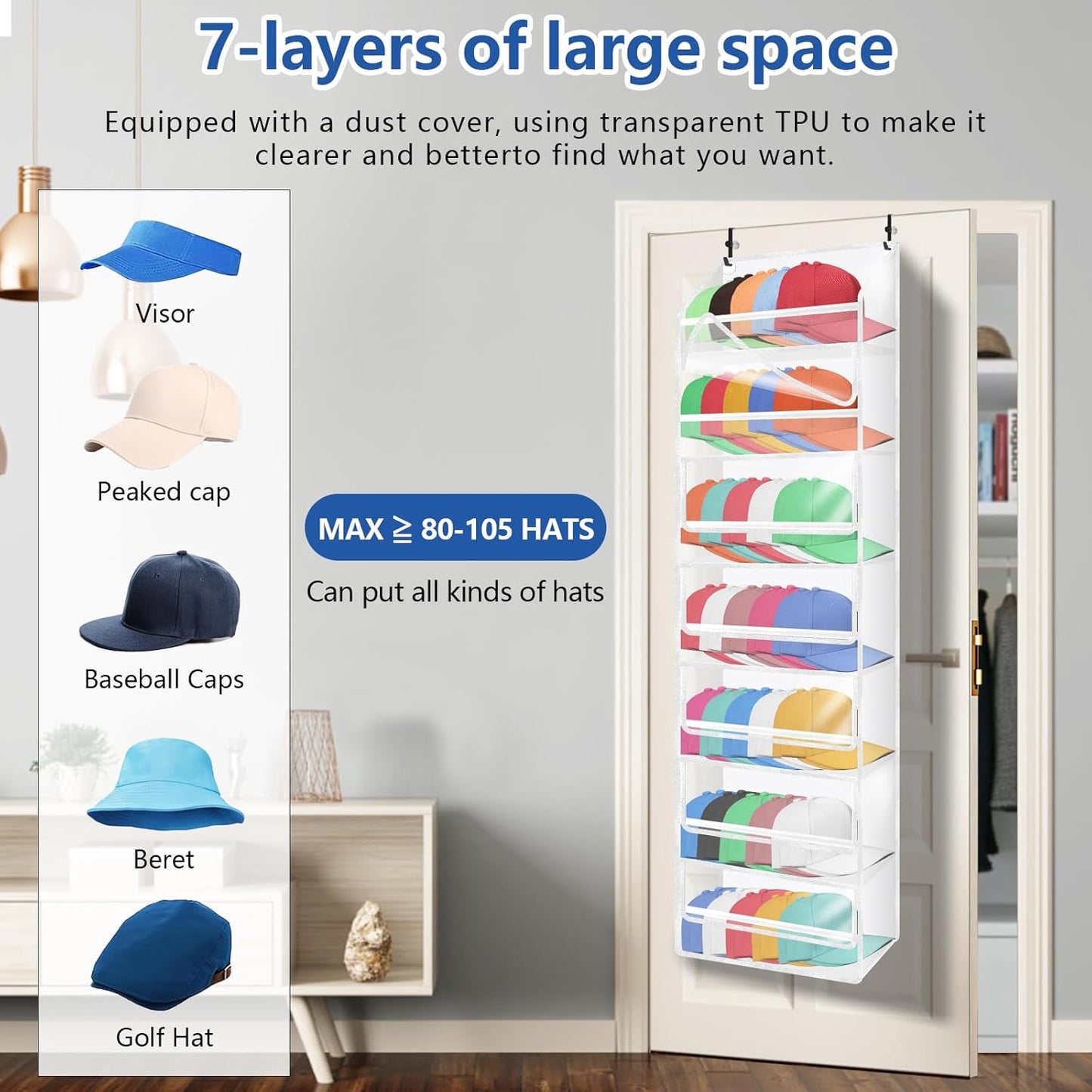 7-layer large capacity Hat Organizer, Hat Rack for Door With Dust Cover, Adjustable Hooks, And Transparent Visible Over The Door Hat Rack, Ideal for Home Organizatio